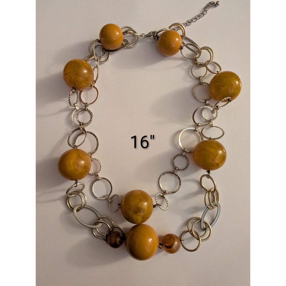 Vintage Chunky Mustard Yellow Marbled Bead Silver Tone Ring Statement Necklace